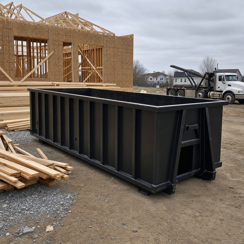 Matte-black 40-yard roll-off dumpster staged on a framed-out residential construction site in Warrenton, framing lumber stacked nearby, hooklift delivery truck visible in the background under bright Colorado daylight