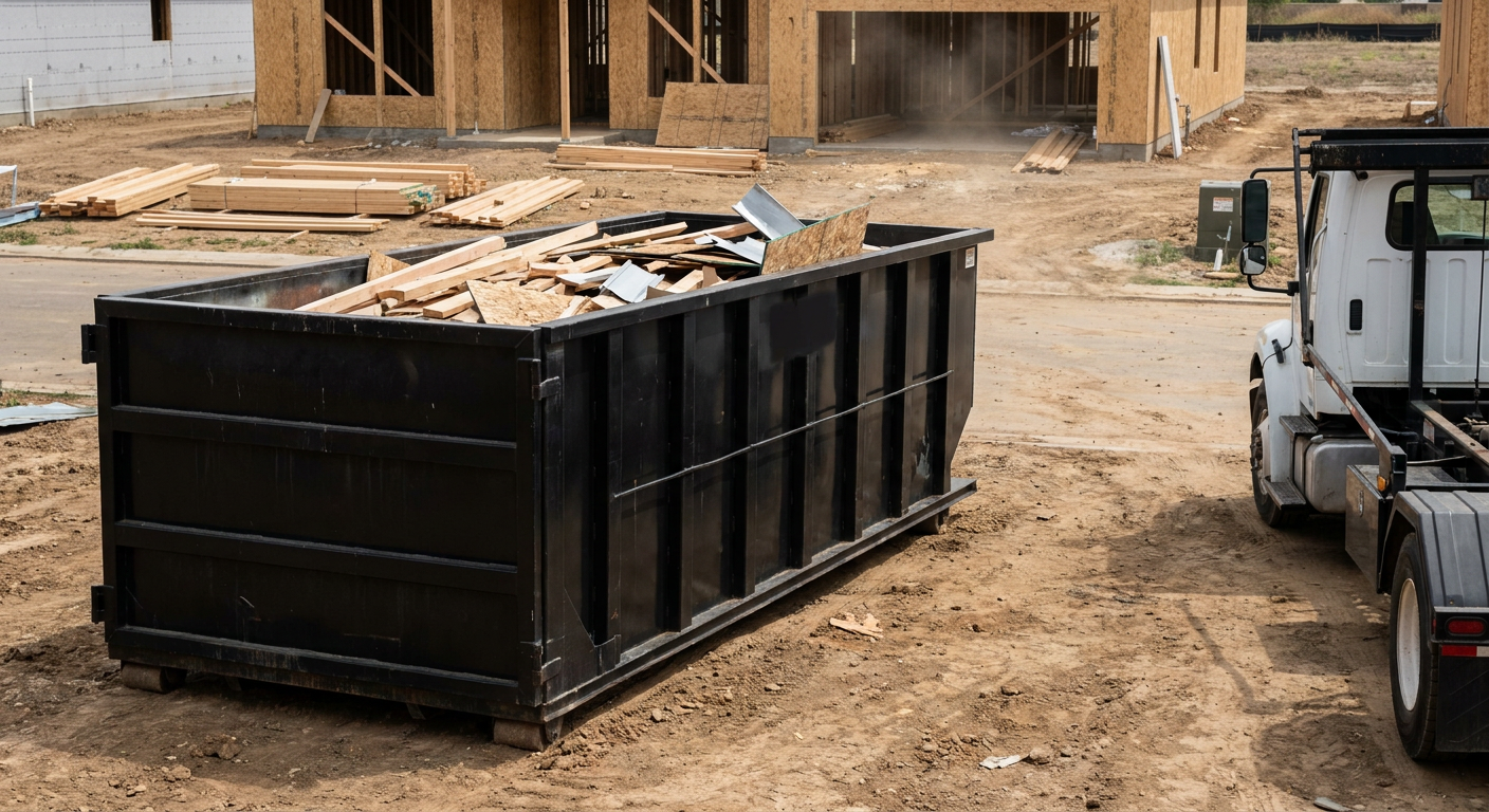 Matte-black 20-yard roll-off construction dumpster with heavy ribbed steel sidewalls and swing rear doors at a working jobsite in Warrenton, sitting directly on compacted dirt with an unmarked white hauler partially visible at the far edge of the frame.