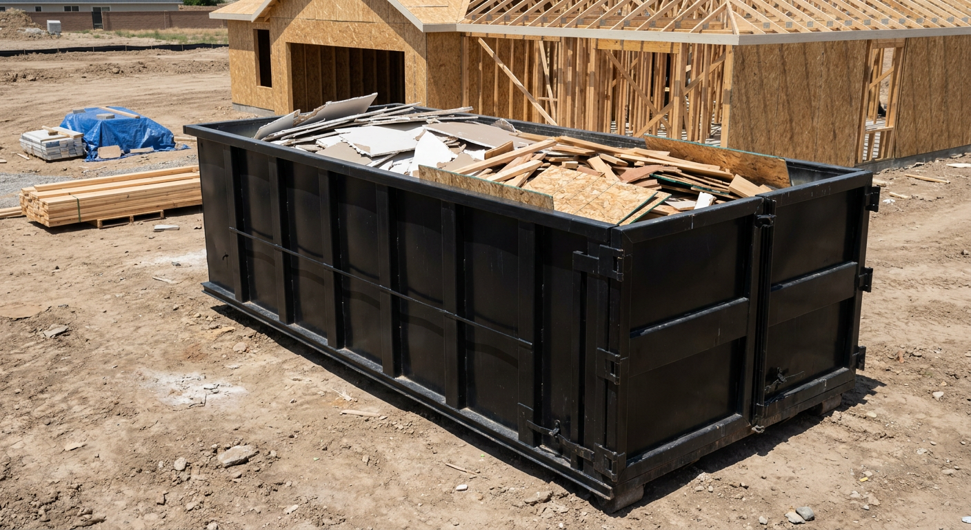 Matte-black 30-yard roll-off construction dumpster sitting directly on the compacted-dirt site of a framed single-family home build in Warrenton, drywall and lumber scrap loaded inside.