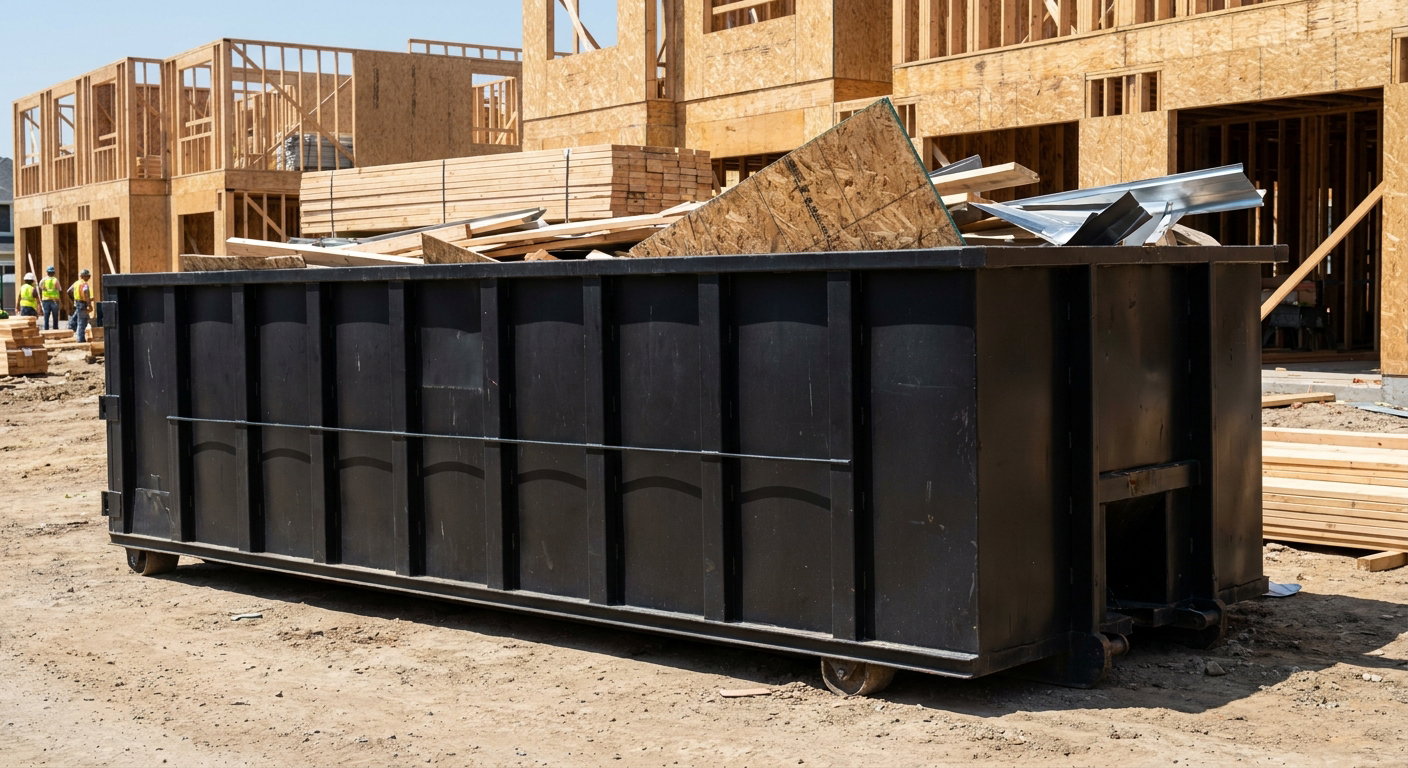 Matte-black 40-yard roll-off construction dumpster being lowered from a white-cab hooklift delivery truck onto the compacted-dirt jobsite at a commercial build site in Warrenton