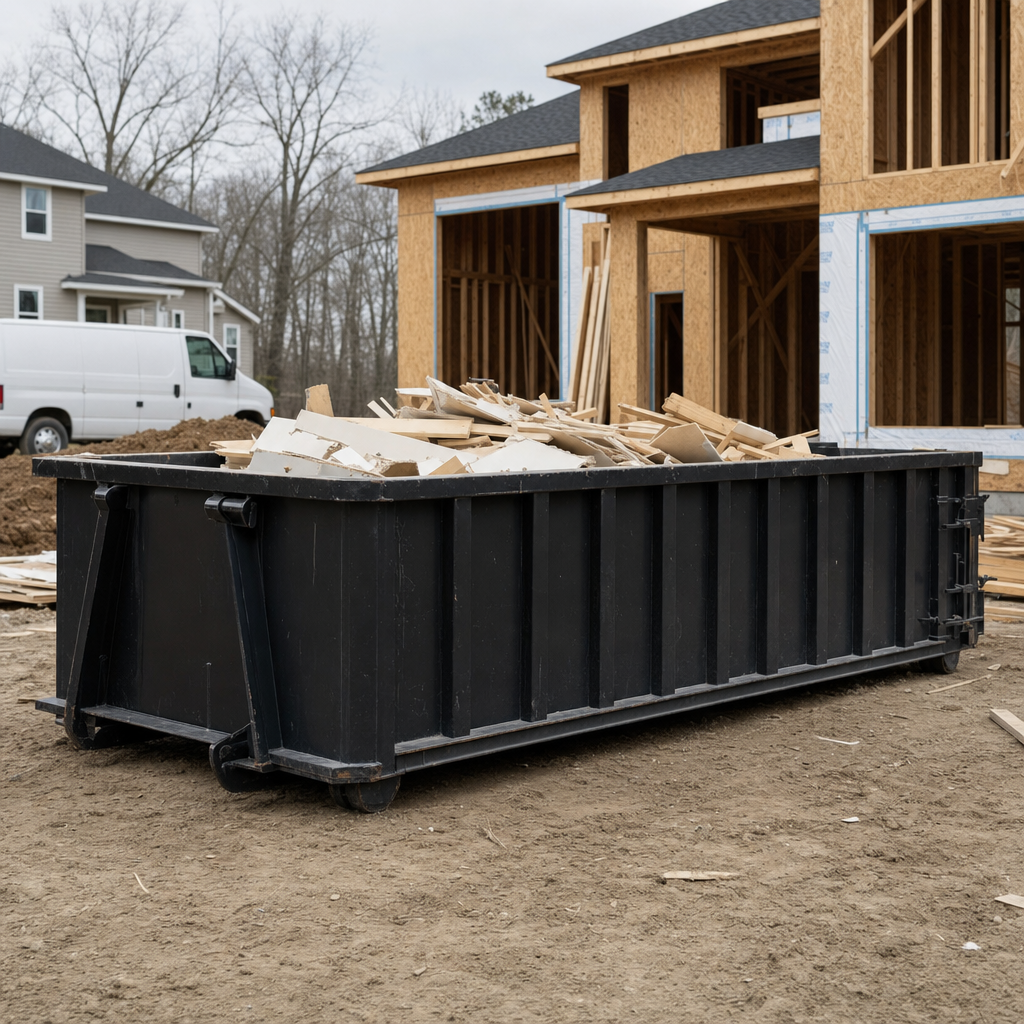 Worker in a yellow high-visibility vest tossing framing lumber and broken drywall into a matte-black 30-yard construction roll-off dumpster on an active build site in Warrenton, bright daylight