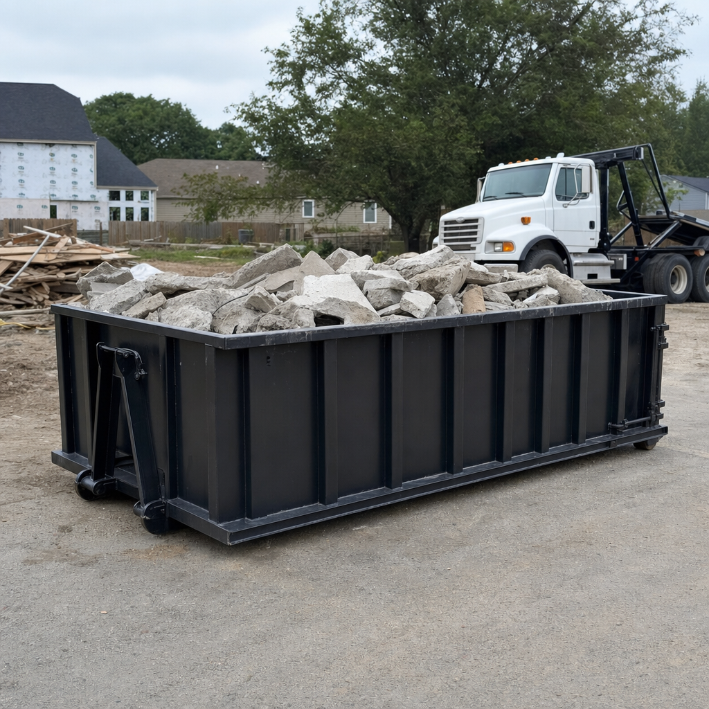 Low-profile matte-black lowboy roll-off dumpster loaded with broken concrete slab and rebar at a foundation tear-out in Warrenton, skid steer parked beside it, sunny Colorado morning