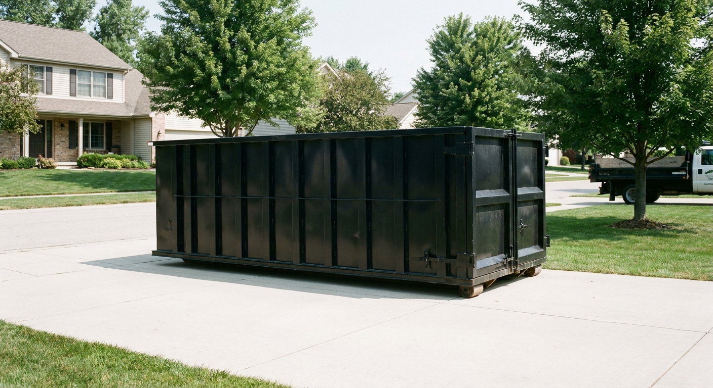 Matte-black 20-yard roll-off dumpster sitting level on a clean Warrenton residential concrete driveway under bright daylight, demonstrating clean placement directly on the concrete.
