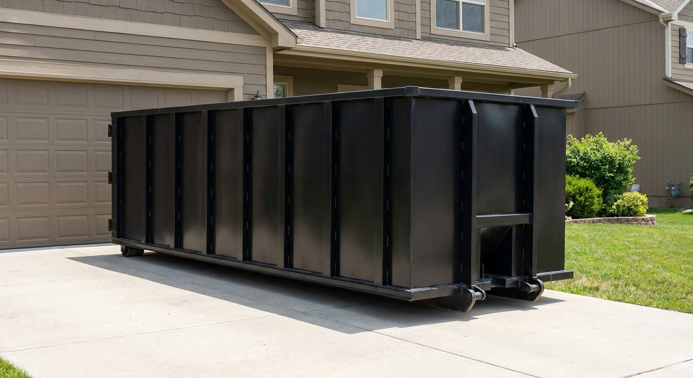 Matte-black residential roll-off dumpster sitting directly on a suburban Warrenton concrete driveway, garage door closed, single-family home in background, bright morning daylight.