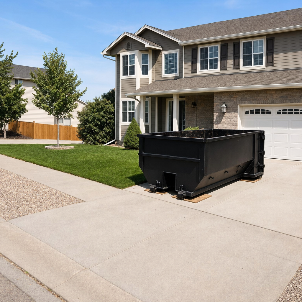 10-yard matte-black residential dumpster placed directly on a narrow Warrenton concrete driveway, room remains for a parked sedan beside it, mid-morning natural light