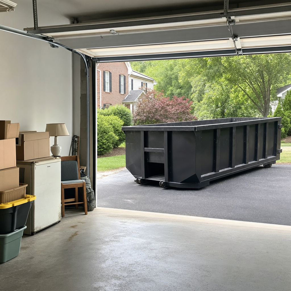 Open garage interior in a Warrenton home mid-cleanout — boxed items, an old appliance, and stacked yard tools queued near the driveway for a matte-black roll-off dumpster, organized and calm