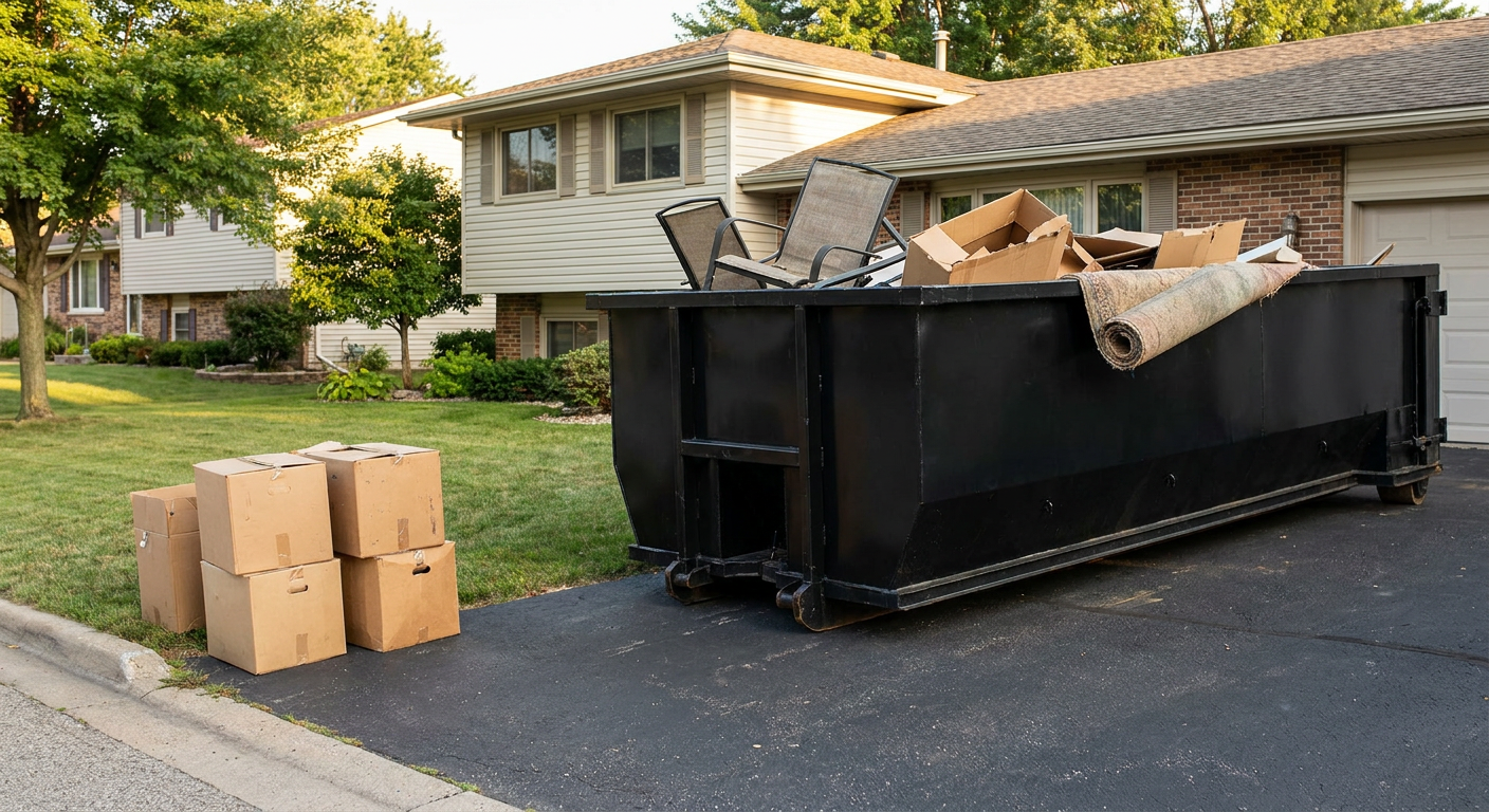 Front-yard view of a Warrenton split-level home with a 20-yard matte-black roll-off dumpster sitting directly on the asphalt driveway, a few clearly labeled donation boxes staged at the curb, calm sunny afternoon.