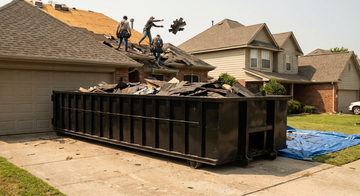 Matte-black roofing roll-off dumpster placed directly on a Warrenton residential concrete driveway, a tear-off crew on a two-story asphalt-shingle roof tossing shingle bundles into the low-walled container, bright daylight, documentary 35mm perspective.