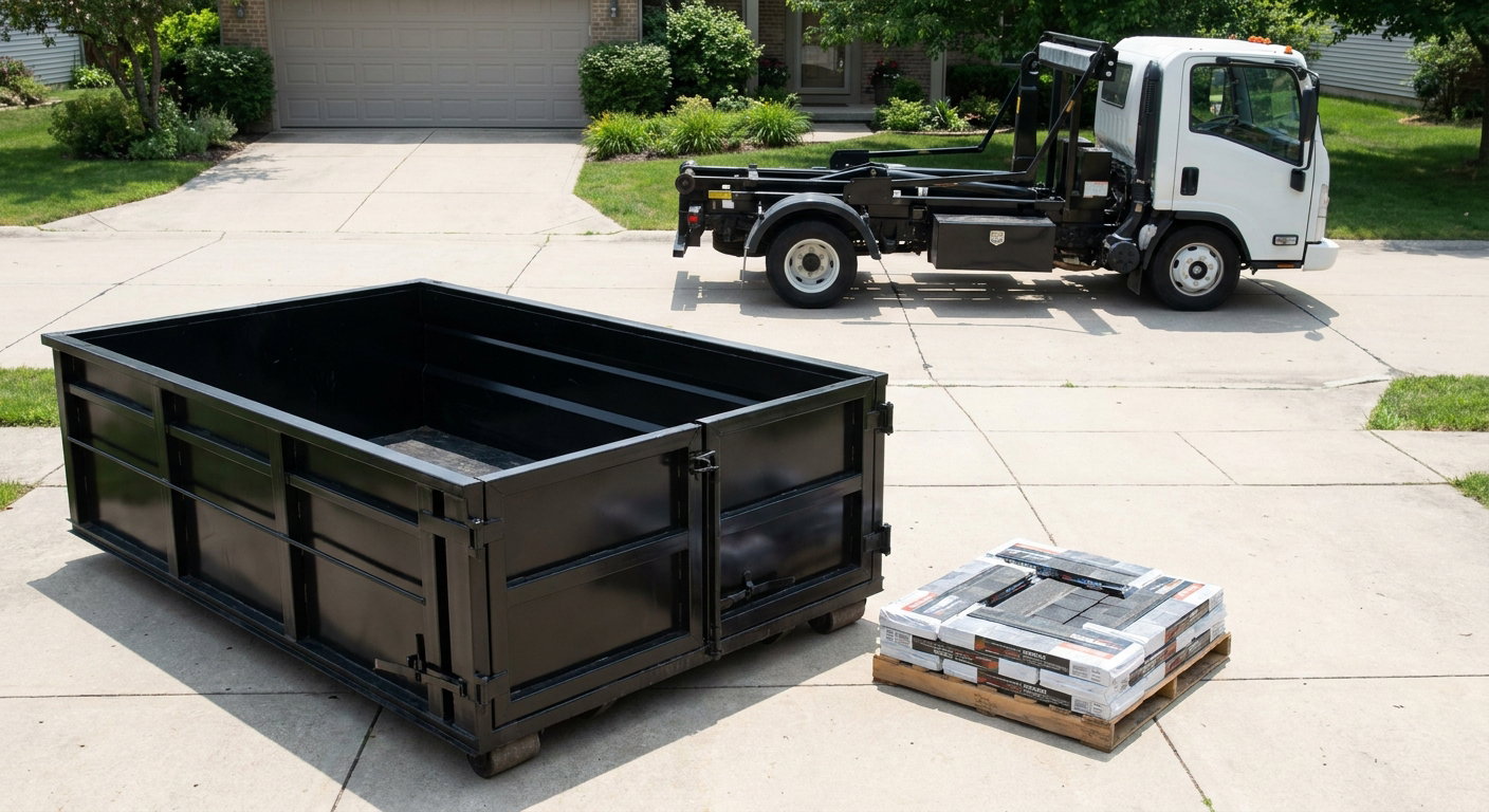 Matte-black 15-yard roofing roll-off dumpster with reinforced low side walls sitting directly on a Warrenton residential concrete driveway, three-tab asphalt shingle bundles stacked nearby, an unmarked white hauler truck partially visible at the edge of the frame.