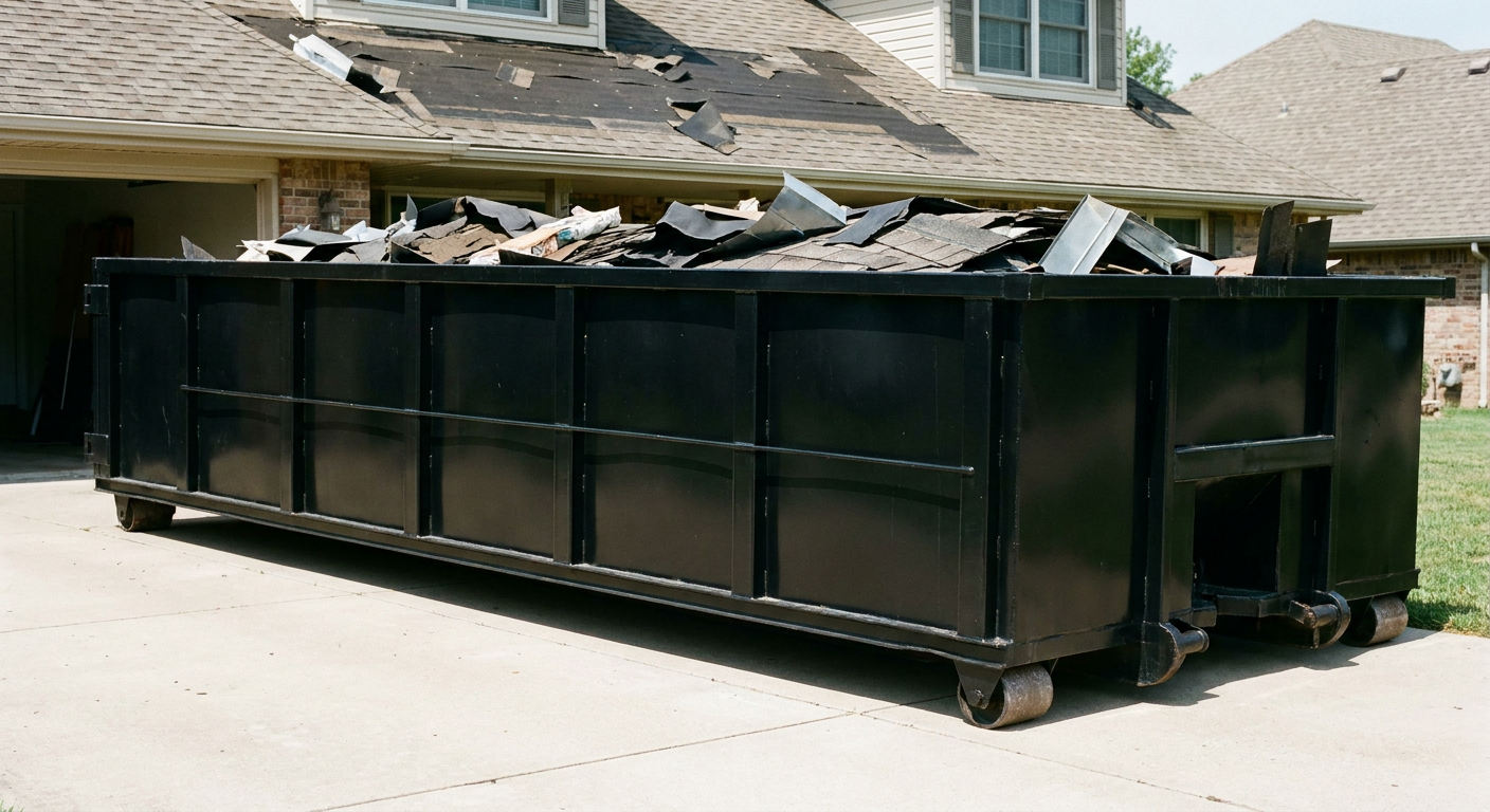 Matte-black 20-yard roofing roll-off dumpster with steel ribbed sides and swinging rear door, sitting directly on the concrete driveway of a two-story Warrenton home, asphalt shingle debris being loaded over the low wall, clean documentary lighting.