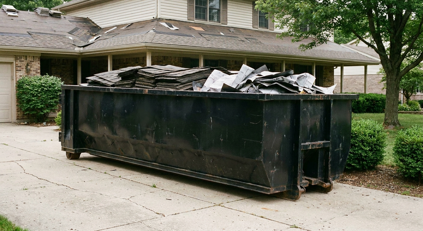 Matte-black 30-yard roofing roll-off dumpster sitting directly on a Warrenton concrete driveway, taller ribbed steel side panels, mixed tear-off debris of asphalt shingles and underlayment inside, professional documentary daylight.