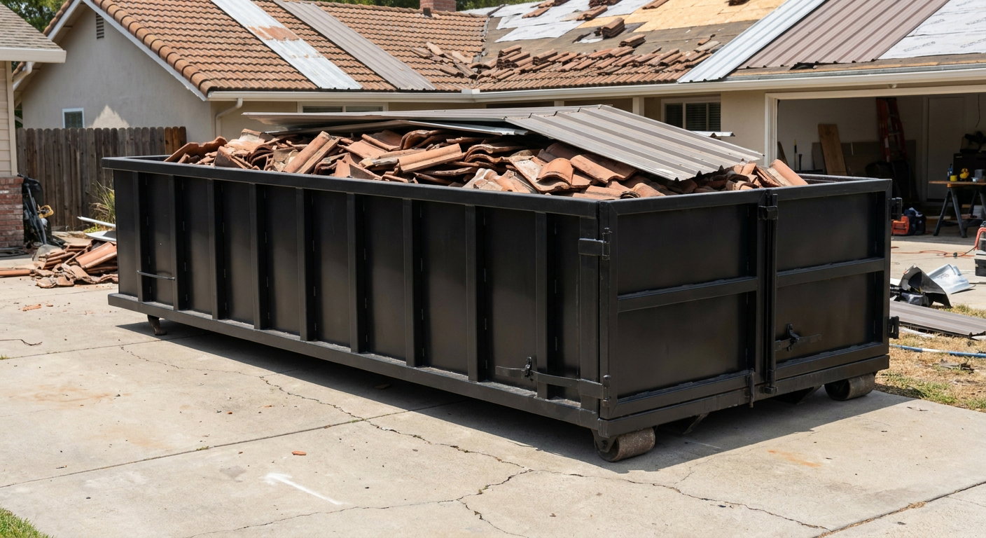 Matte-black low-wall heavy-debris roofing roll-off dumpster sitting directly on a Warrenton concrete driveway, broken concrete clay roof tiles and metal panel sections loaded inside, reinforced ribbed steel side walls visible, bright outdoor daylight.