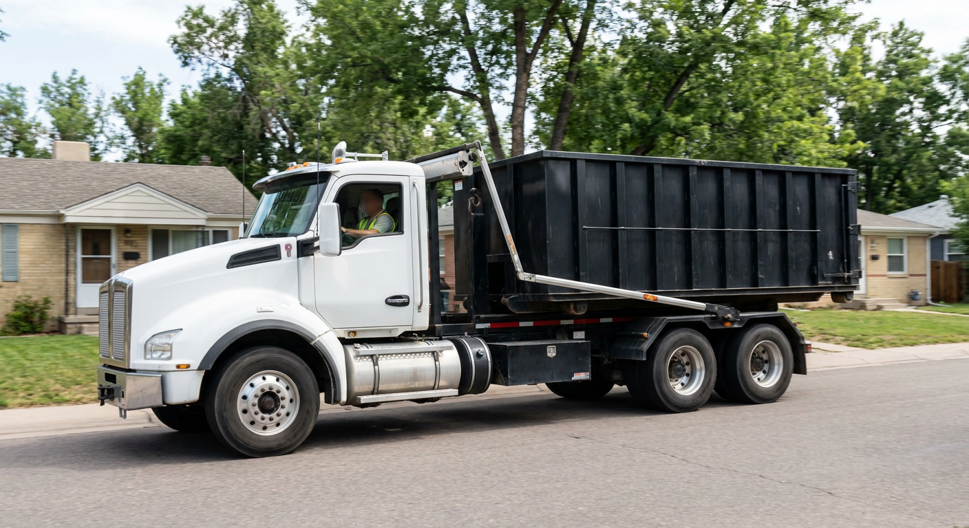 A wide documentary shot of a matte-black roll-off delivery truck pulling onto a quiet Warrenton residential street at mid-morning, with neighborhood rooftops and tree-lined blocks visible behind, showing the metro coverage footprint.