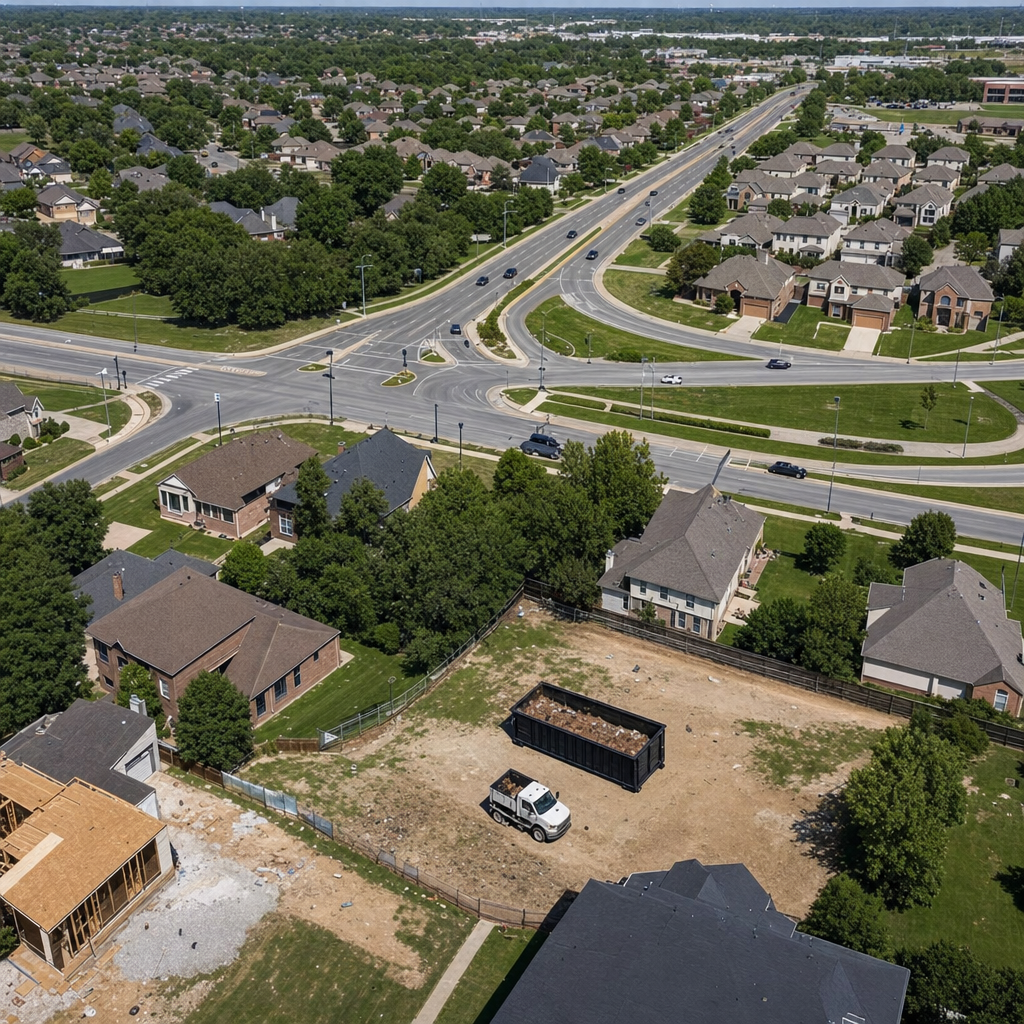 An overhead documentary view of the Warrenton metro area at midday, showing the spread of neighborhoods, arterial roads, and the dispatch radius from a central yard — clean daylight, organized geographic layout.