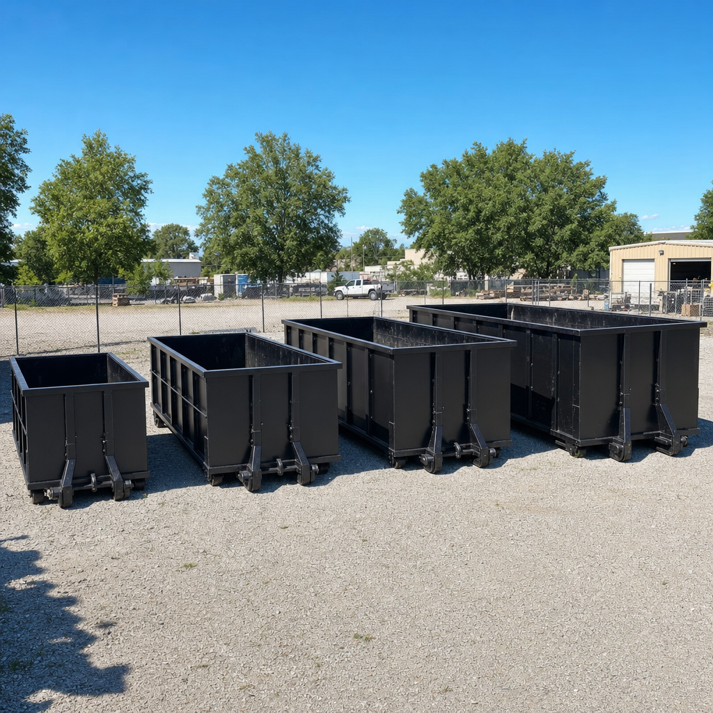 A clean lineup of matte-black roll-off dumpsters in 10, 20, 30, and 40-yard sizes staged on a sunlit gravel yard in Warrenton, showing the size progression from compact to commercial-scale containers.