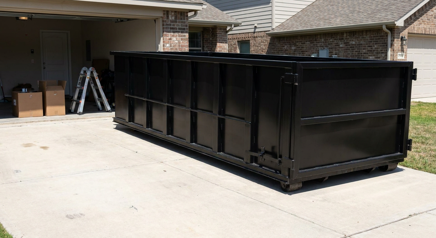 A matte-black 10-yard roll-off dumpster sitting directly on a residential Warrenton concrete driveway, mid-day sunlight, clean and ready for a garage cleanout.