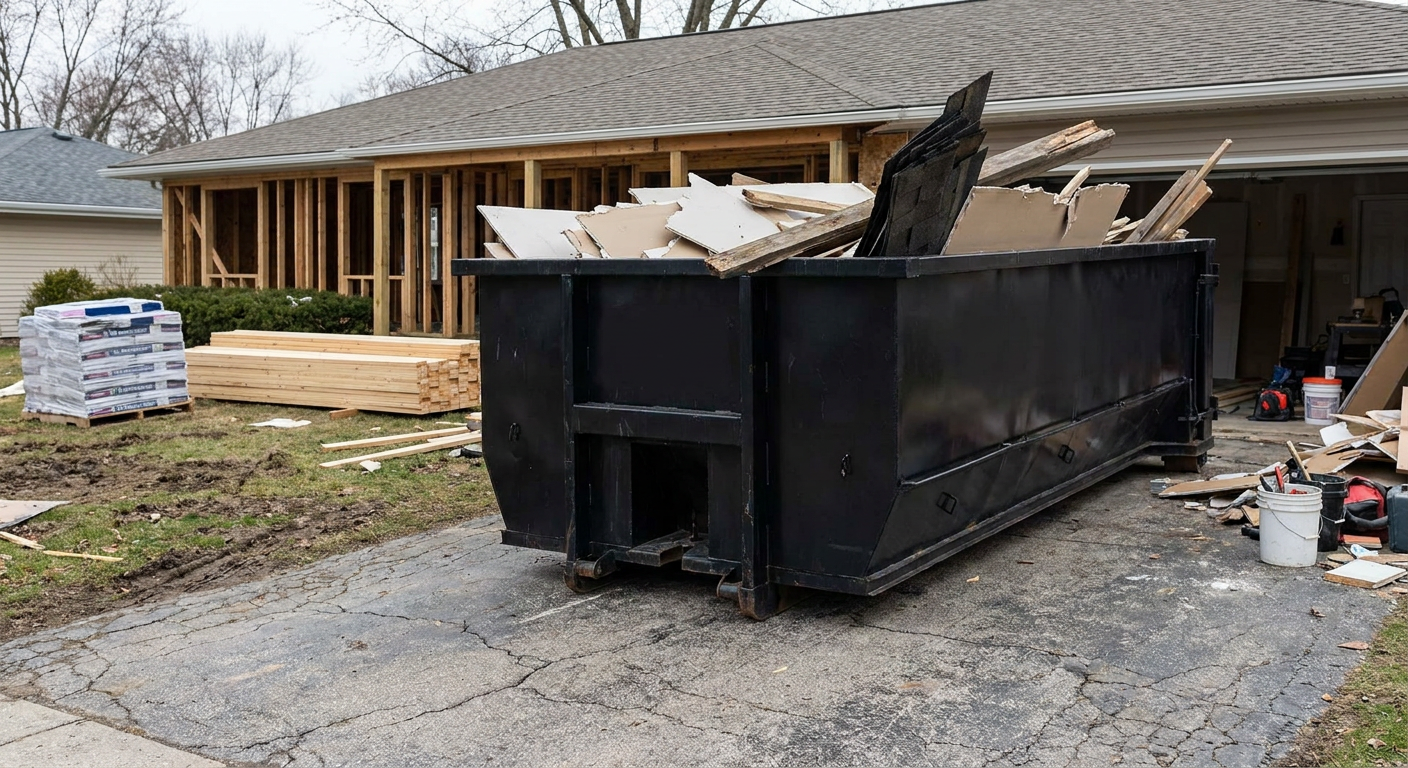 A matte-black 20-yard roll-off dumpster placed alongside a mid-renovation Warrenton home directly on the asphalt driveway, with framing materials and torn-off shingles staged neatly nearby.