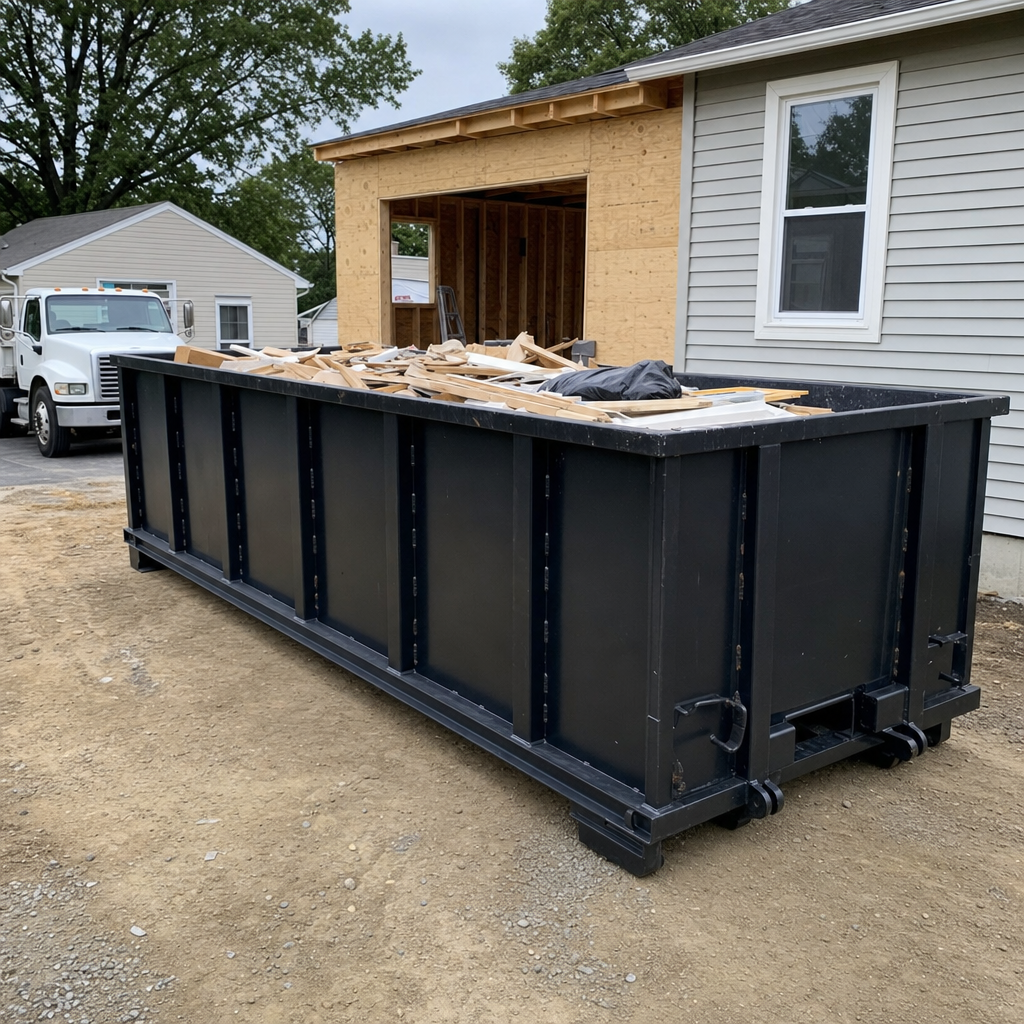 A matte-black 30-yard roll-off dumpster positioned at a Warrenton residential addition jobsite, with framing lumber and drywall scraps loaded through the open swinging rear doors.