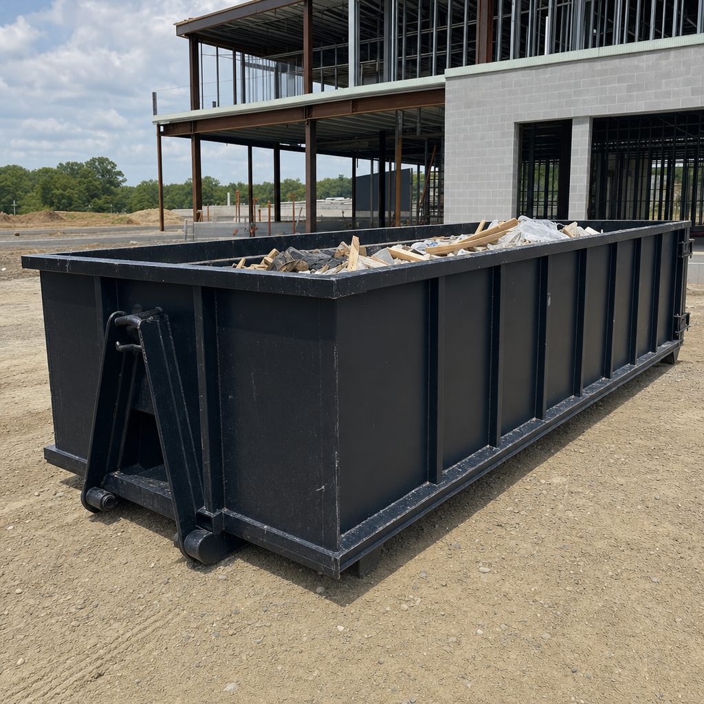 A matte-black 40-yard roll-off dumpster staged on a large Warrenton commercial construction lot, with a hooklift delivery truck parked alongside under bright midday sky.