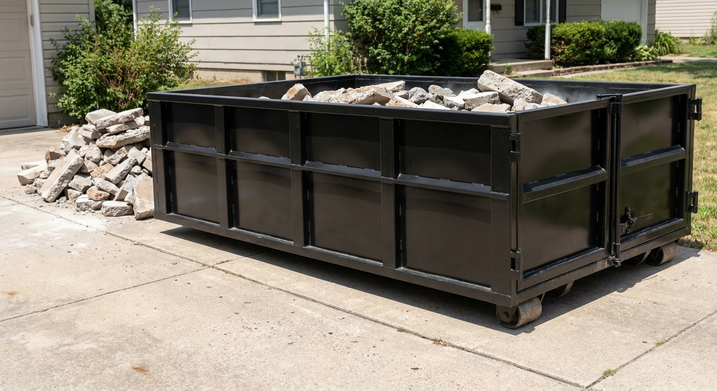 A matte-black low-side heavy-debris roll-off dumpster placed directly on a Warrenton concrete driveway, with broken concrete chunks neatly stacked beside it under clean daylight.